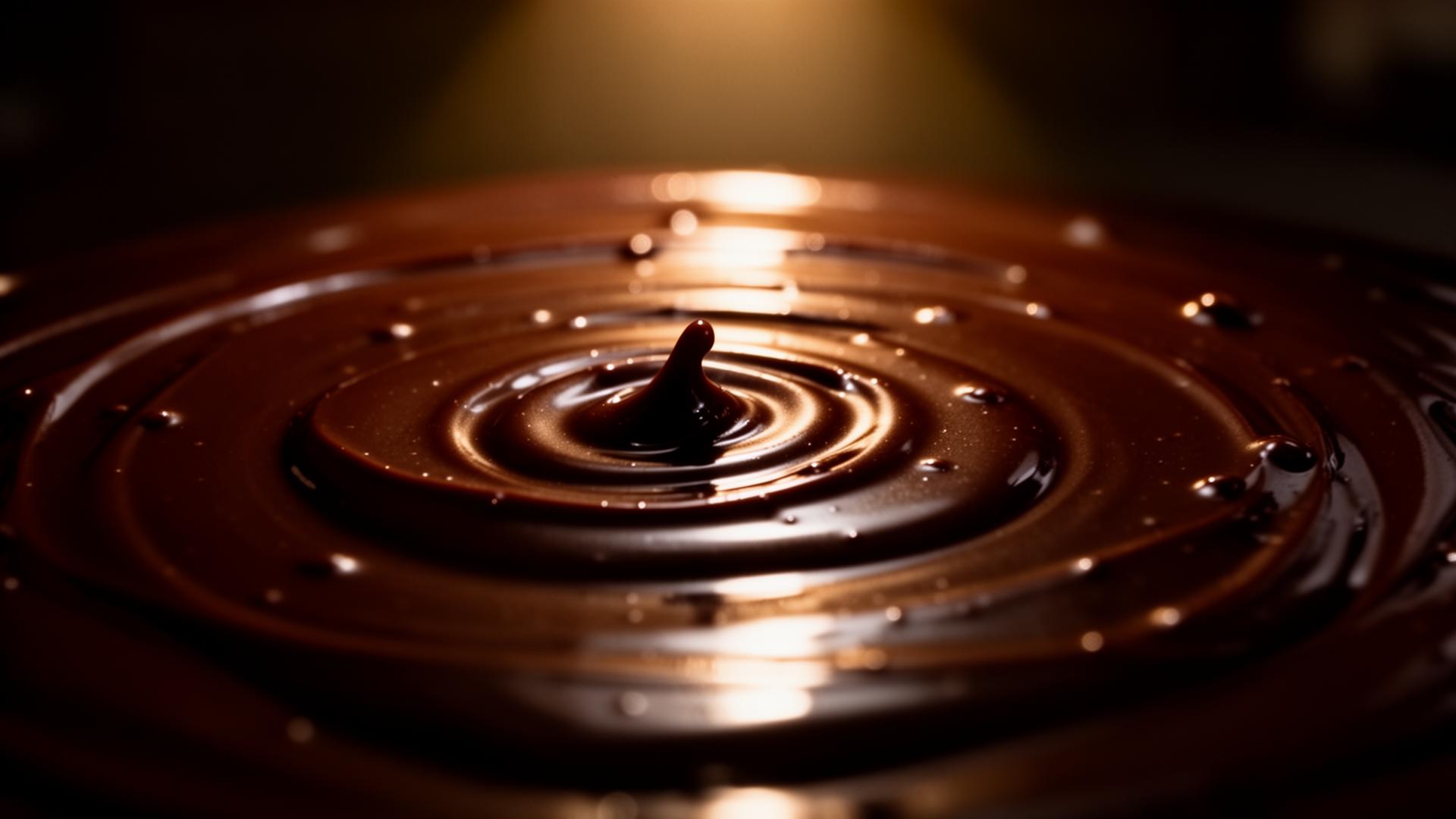 Pouring dark chocolate glaze under warm spotlight